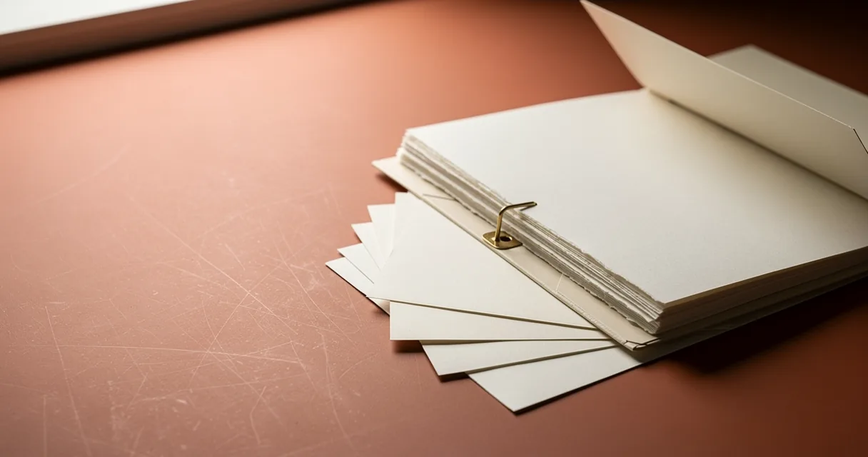 An open cream folder with loose blank pages on a terracotta desk