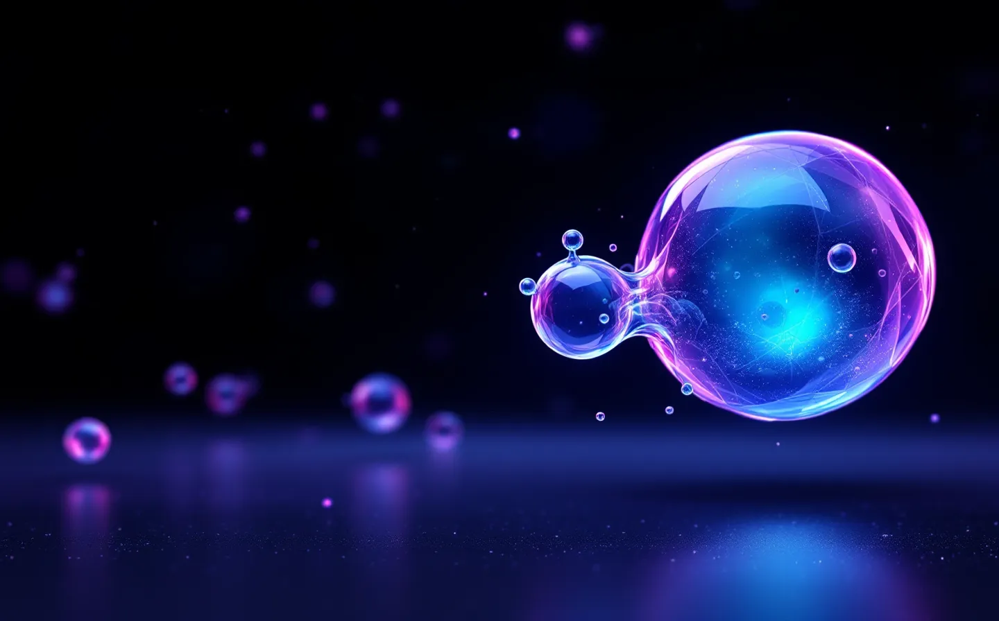 Glassmorphic illustration of two overlapping translucent panes at different depths — a deep violet long-acting albumin-tethered peptide pane behind a near electric-blue short-acting peptide pane — on a deep aurora ground