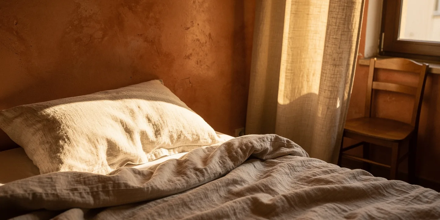 Morning sunlight across a pillow and rumpled linen beside an open curtain