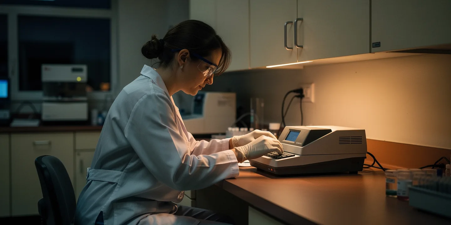 A laboratory technician examining an instrument at a softly lit bench