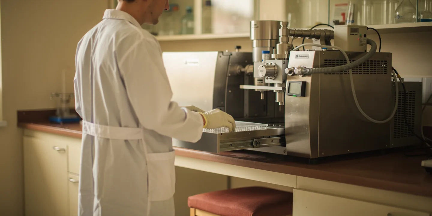 A technician working beside a mass spectrometry instrument in a light laboratory