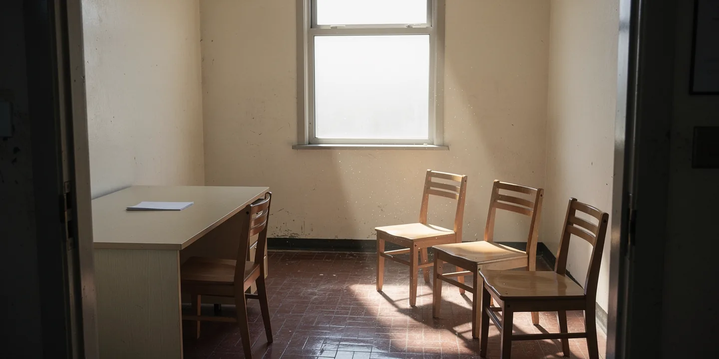 Empty chairs and a work desk in a cream research room